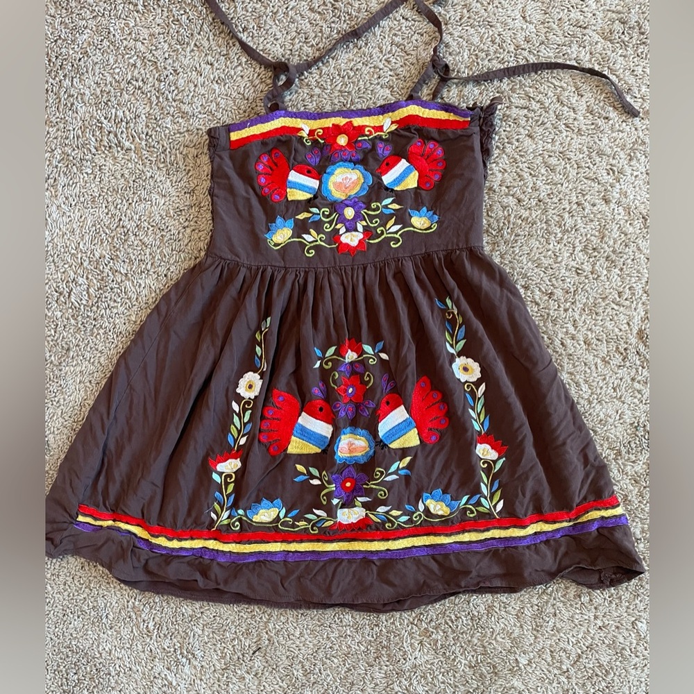 Mexican style embroidered bird and floral mini dress